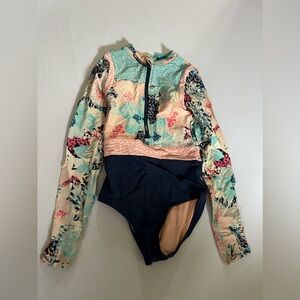 Athleta rash guard one piecee floral print blue swimsuit long sleeve